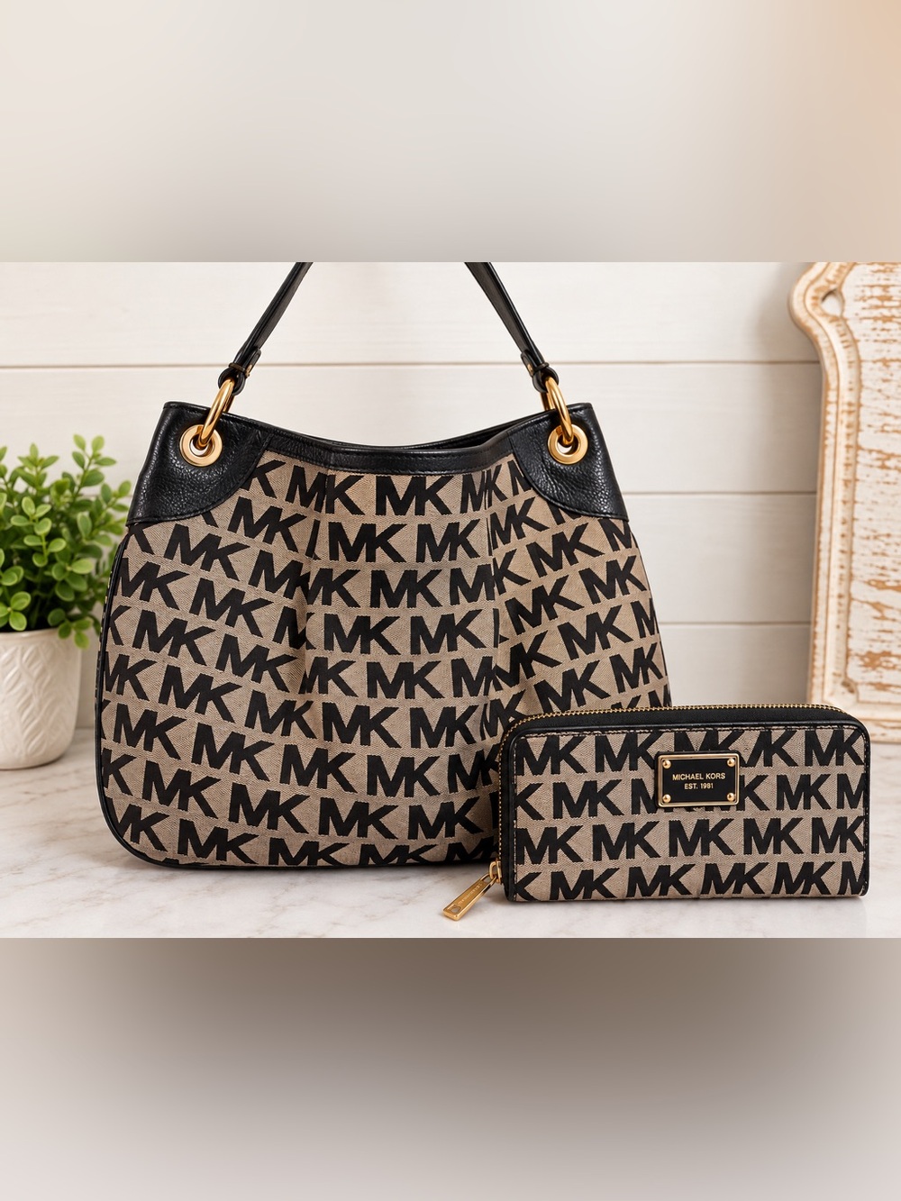 Michael Kors MK Monogram Shoulder Bag + Matching Zip Around Wallet Set
